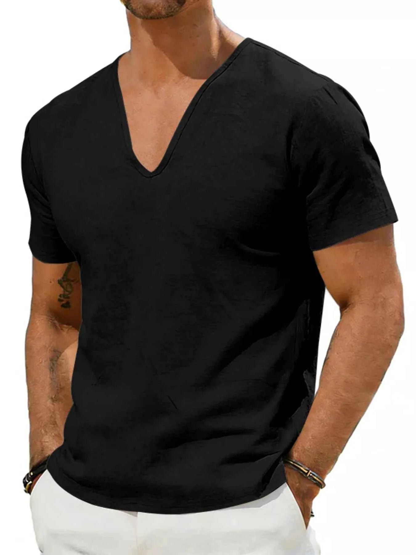 Men's Full Size Casual V-Neck Linen T-Shirt Plus Size