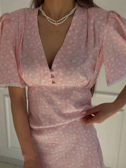 V-Neck Puff Sleeve Mini Dress with Lace Trim