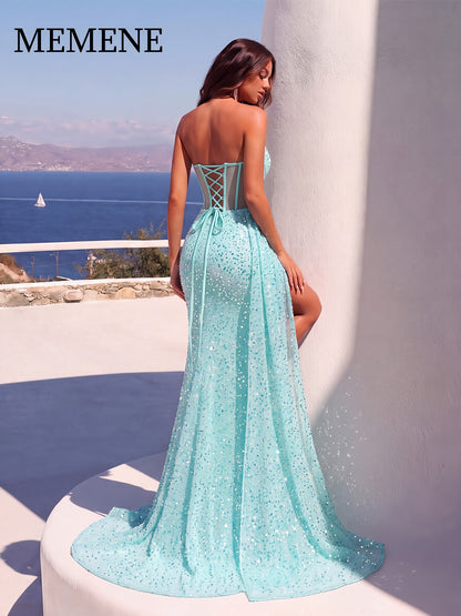 Sequin Corset Mermaid Gown with High Slit