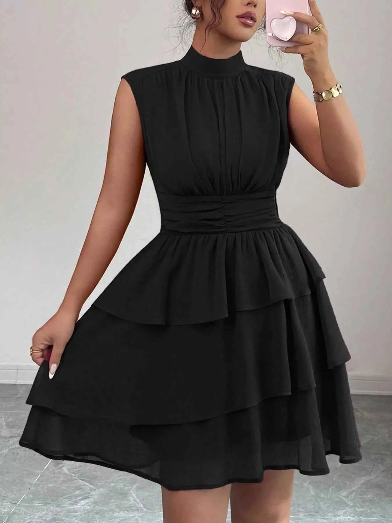Sleeveless Mock Neck Layered Ruffle Dress
