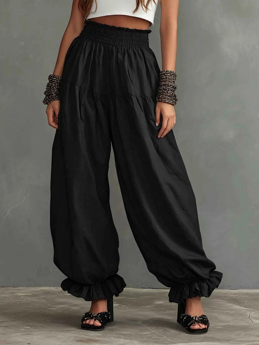 Full Size Smocked Ruffle Hem Wide Leg Pants Plus Size