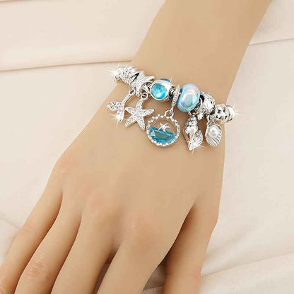 1pc Mermaid Tail Ocean Style Beaded Pendant Bracelet - with Blue Imitation Crystal Starfish And Faux Shell