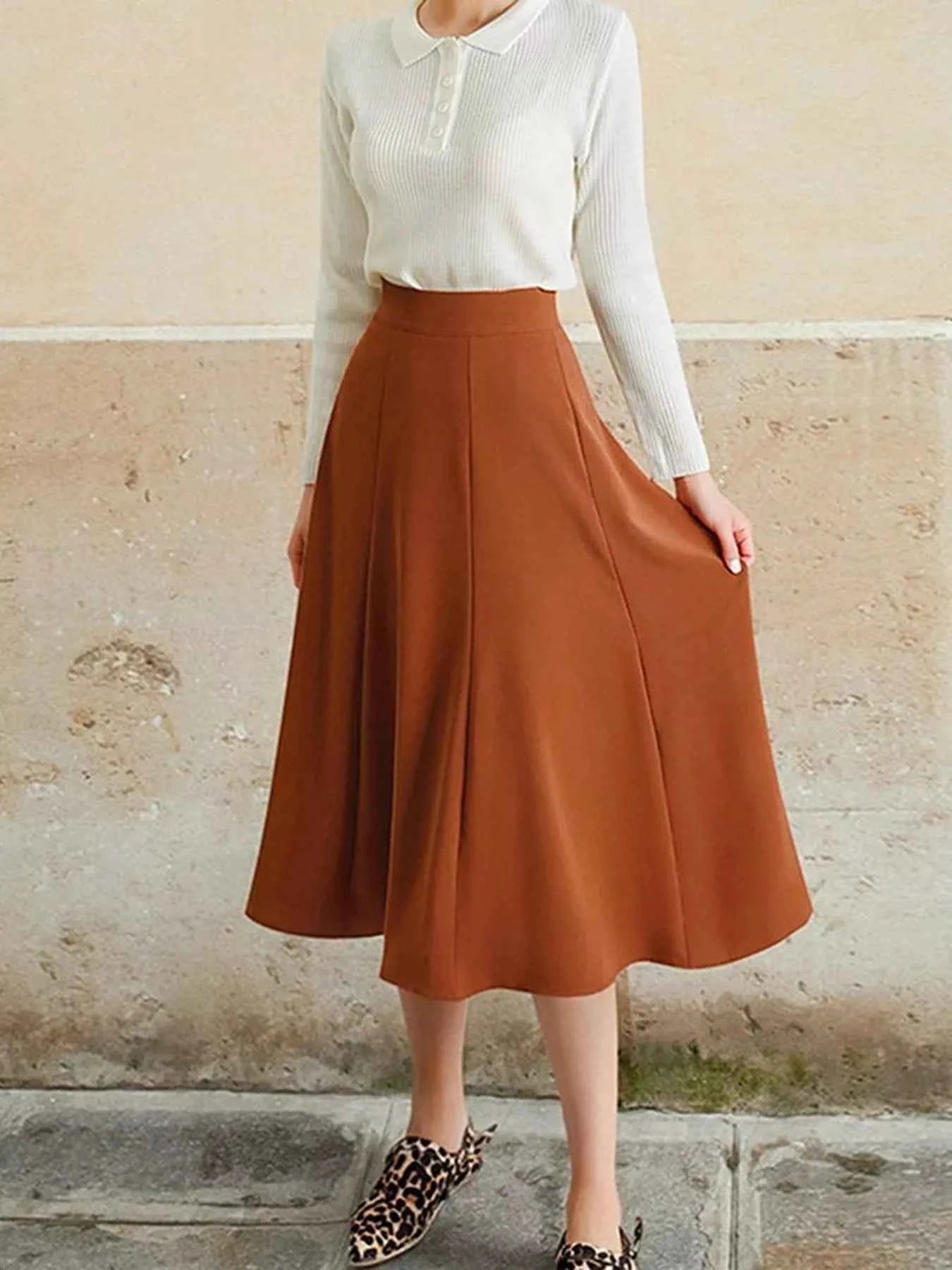 A-Line Midi Skirt with Elastic Waistband