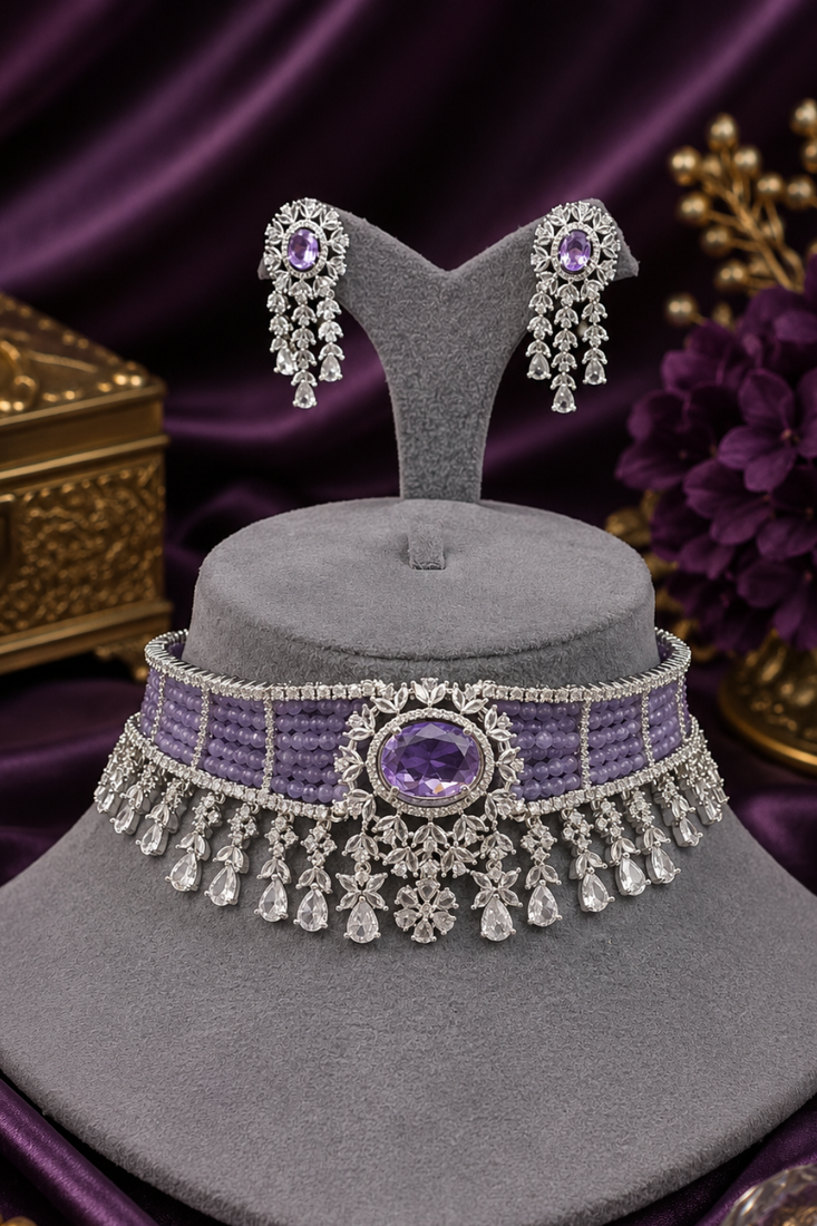 Pink Pitch Grand Diamond Choker Set Necklace Rhodium Lavender