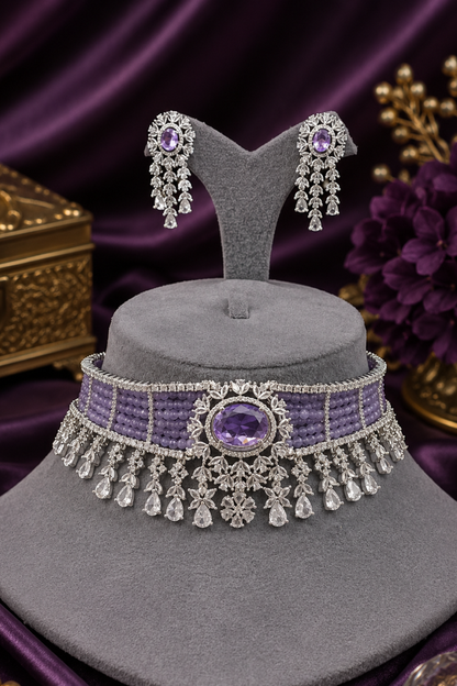 Pink Pitch Grand Diamond Choker Set Necklace Rhodium Lavender