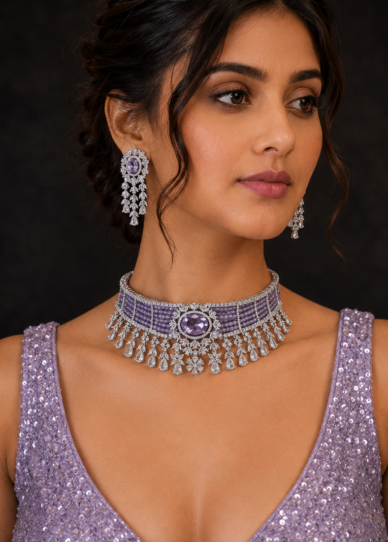 Pink Pitch Grand Diamond Choker Set Necklace Rhodium Lavender