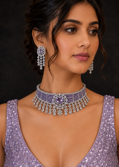 Pink Pitch Grand Diamond Choker Set Necklace Rhodium Lavender