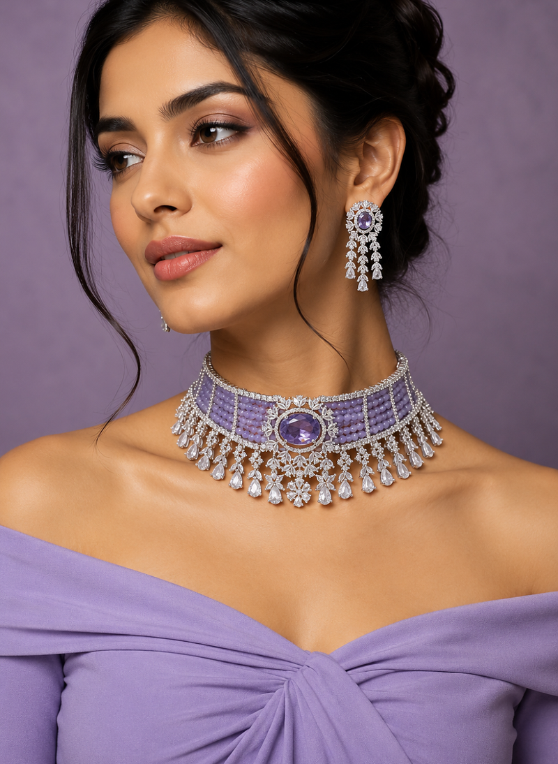 Pink Pitch Grand Diamond Choker Set Necklace Rhodium Lavender