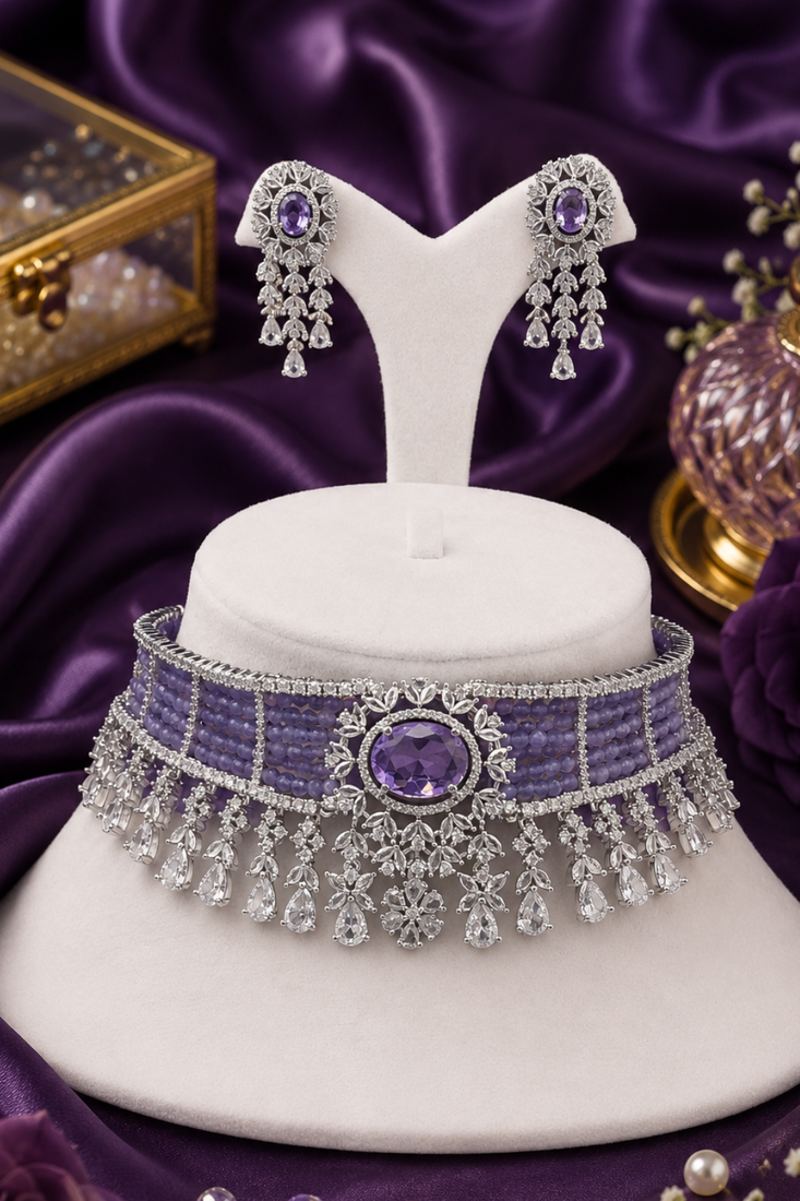Pink Pitch Grand Diamond Choker Set Necklace Rhodium Lavender