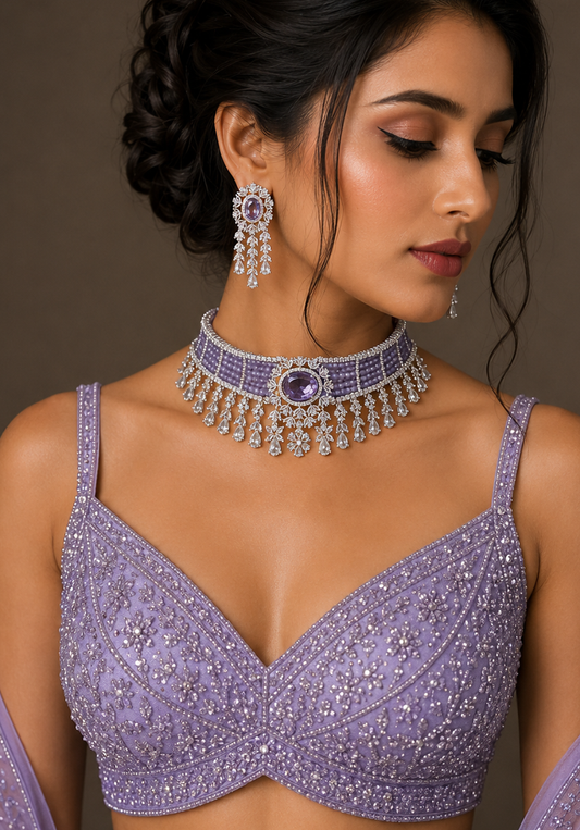 Pink Pitch Grand Diamond Choker Set Necklace Rhodium Lavender