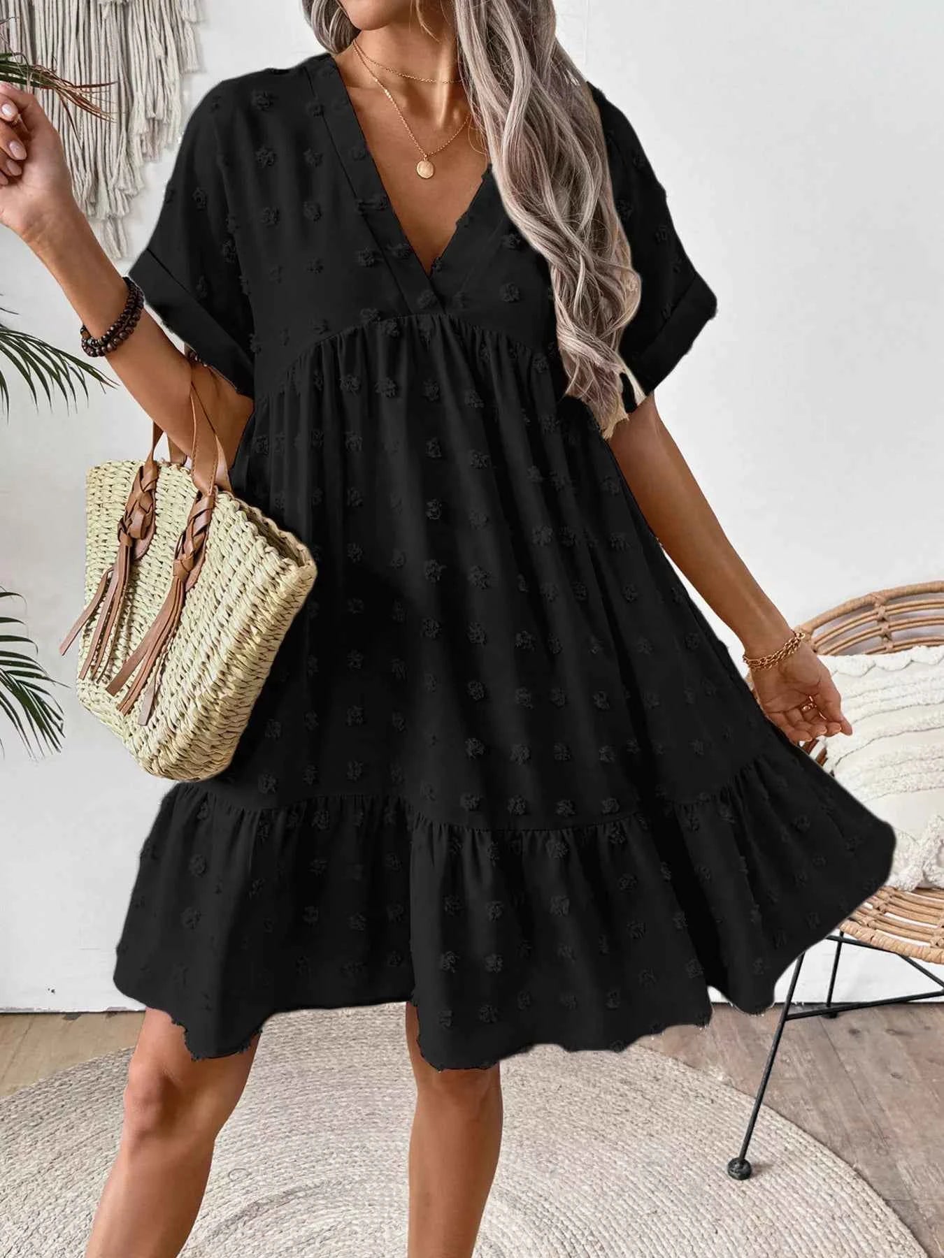 Swiss Dot V-Neck Tiered Mini Dress