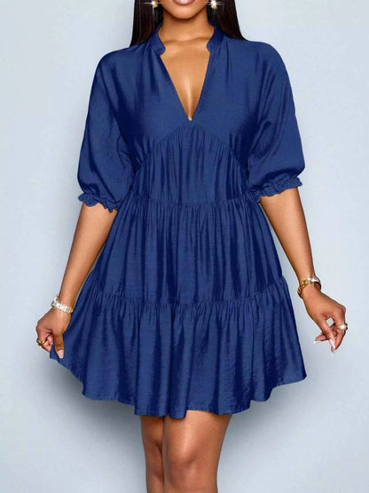 Notched Half Sleeve Tiered Dress
