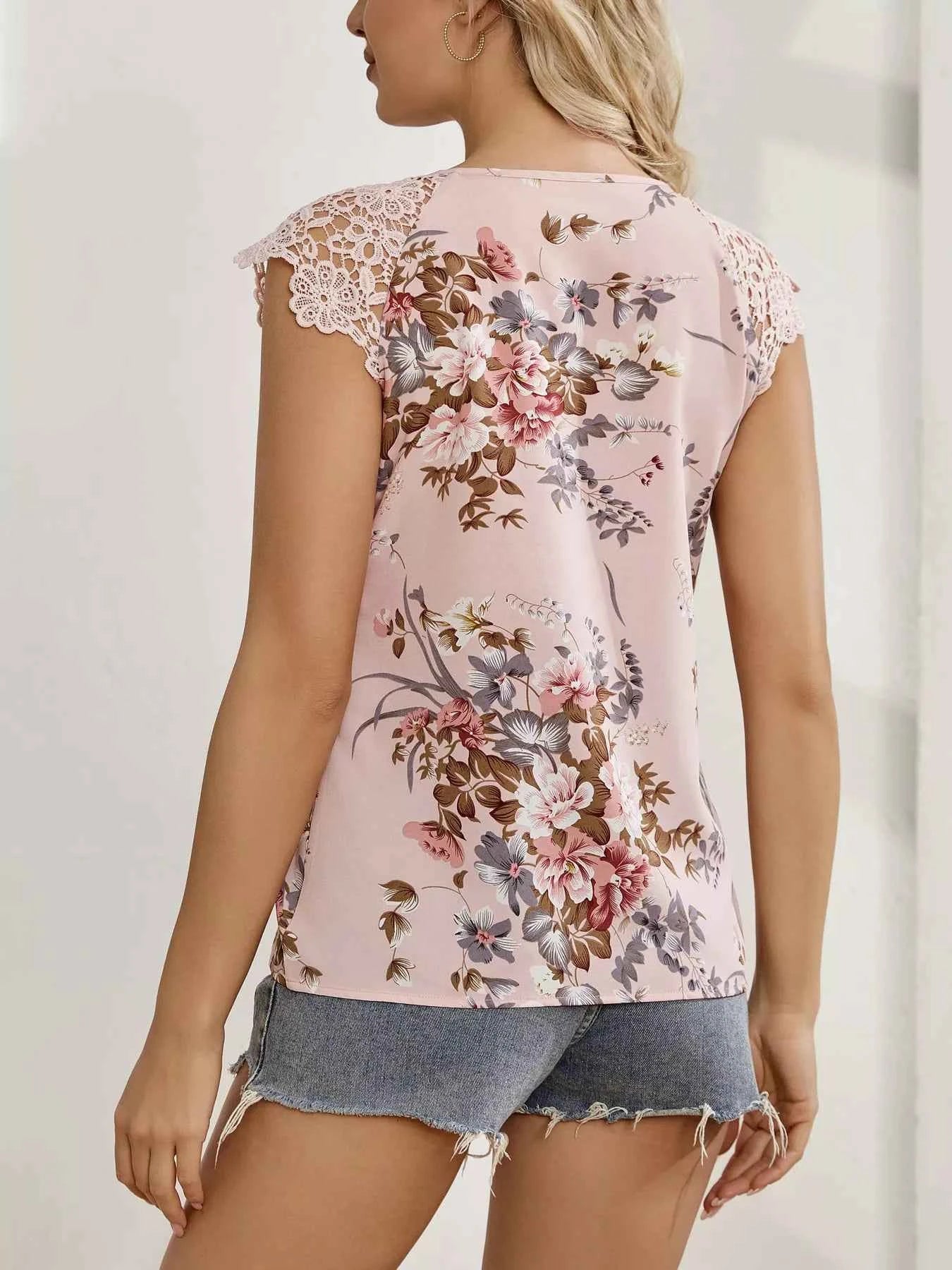 Floral Print Lace Trim Blouse