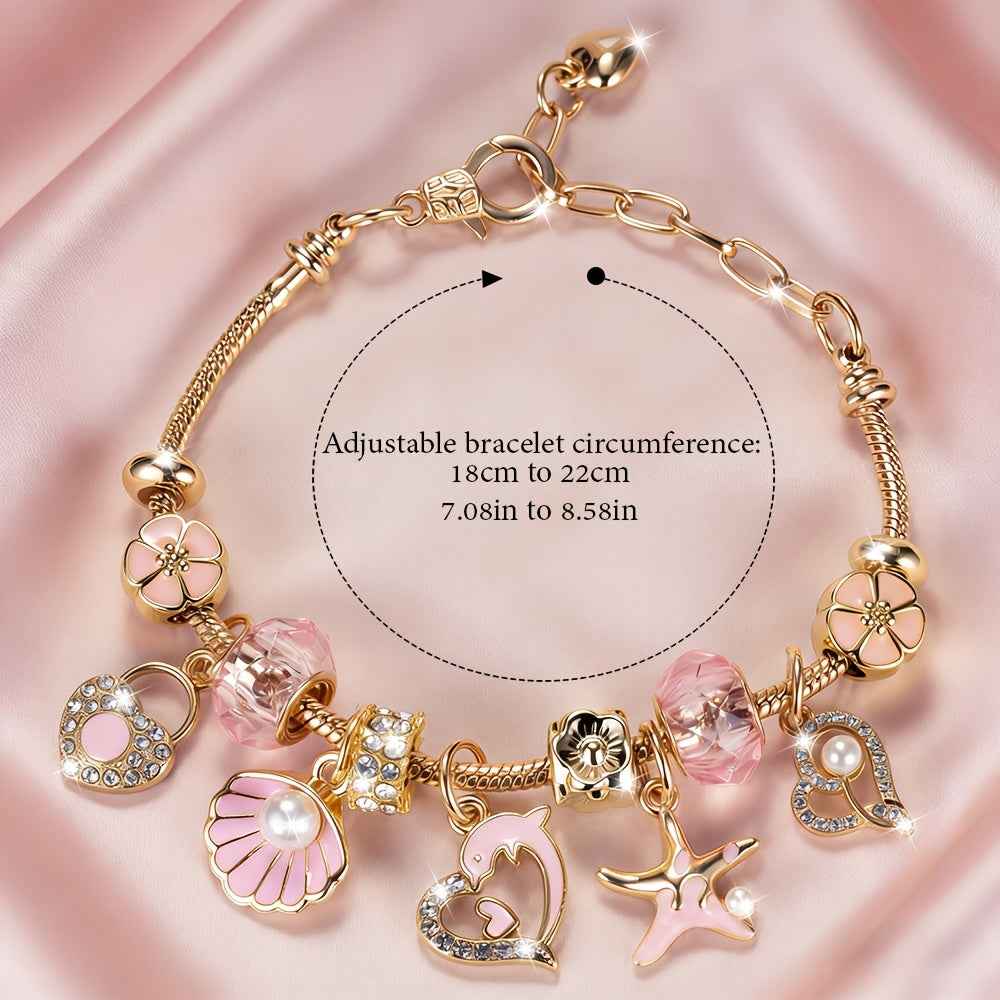Pink Heart-shaped Stainless Steel Adjustable Women's Bracelet with Dolphin, Seashell, Starfish, and Heart Pendants, Adorned with Flowers and Pink Cadmium Beads