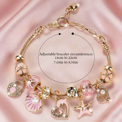 Pink Heart-shaped Stainless Steel Adjustable Women's Bracelet with Dolphin, Seashell, Starfish, and Heart Pendants, Adorned with Flowers and Pink Cadmium Beads