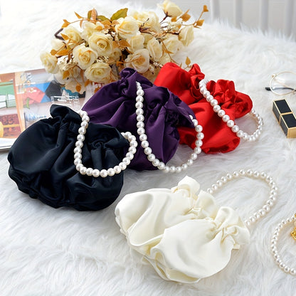 Pearl Satin Handbag – Cute Small Tote & Elegant Evening Bucket Bag