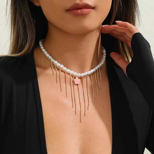 Elegant Pearl Choker Necklace with Flower Charm and Tassel Dangles