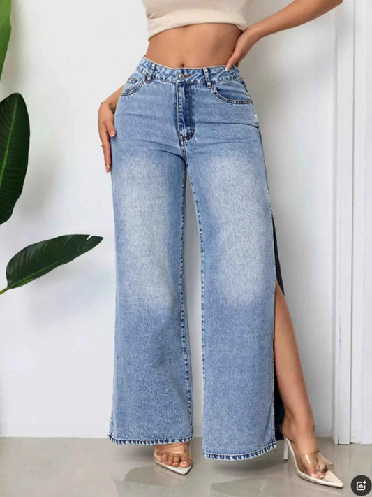 High-Waisted Wide-Leg Jeans with Side Slits