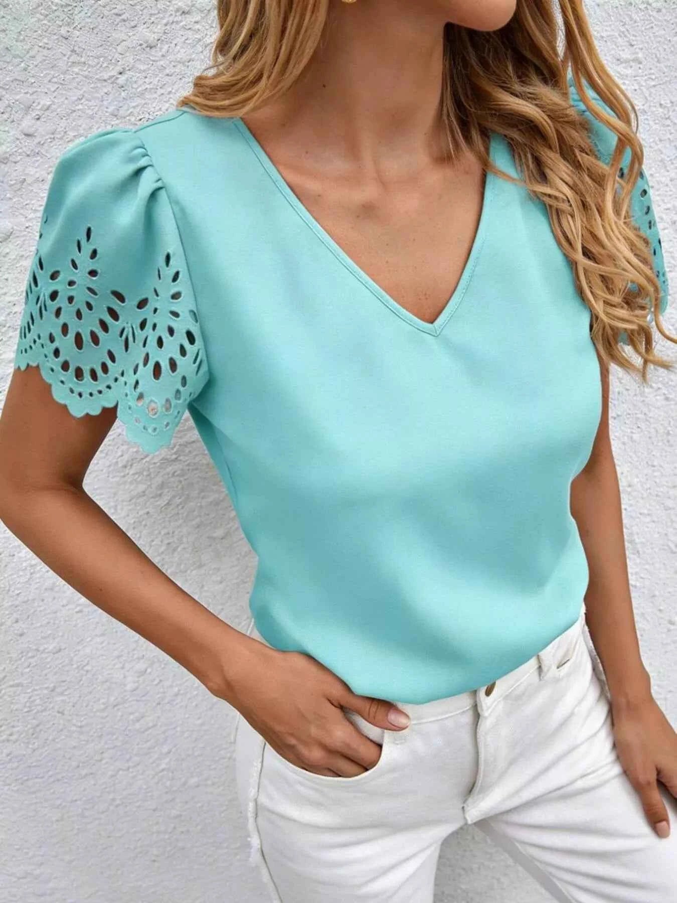 V-Neck Lace Short Sleeve Blouse