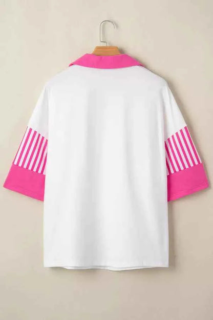 Striped Color Block Patchwork Polo Collar Half Sleeve T Shirt