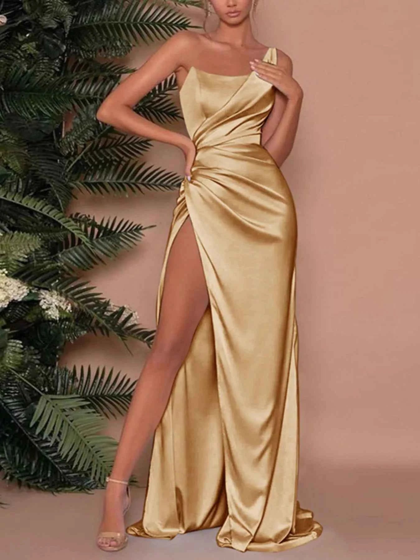 One-Shoulder Satin Maxi Dress with High Slit