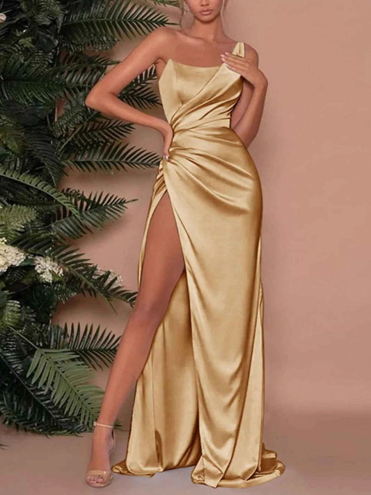 One-Shoulder Satin Maxi Dress with High Slit