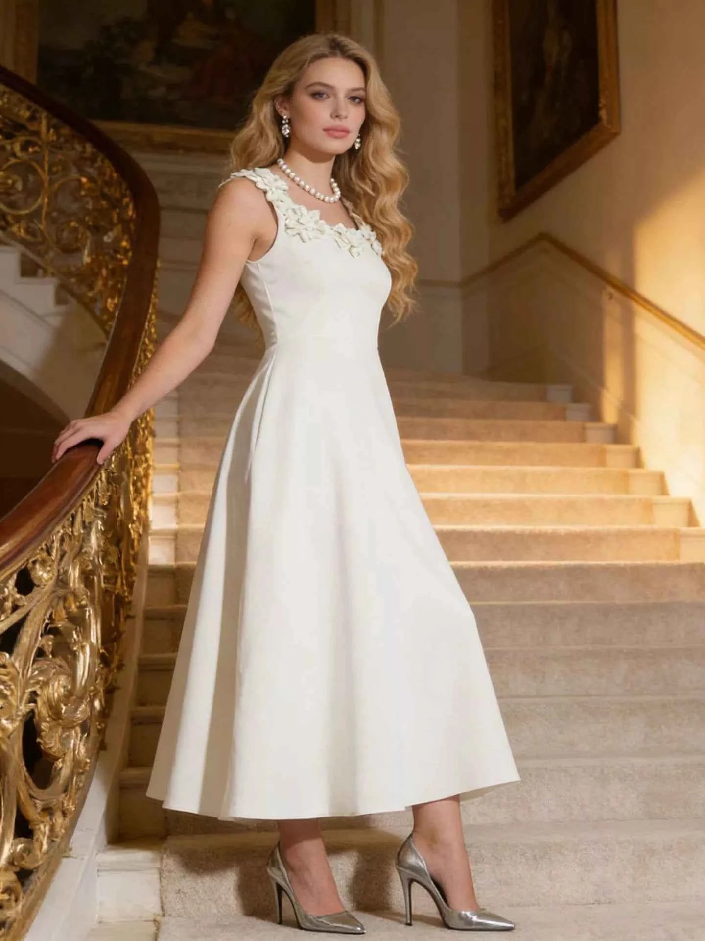 Floral Embellished Sleeveless Midi Dress