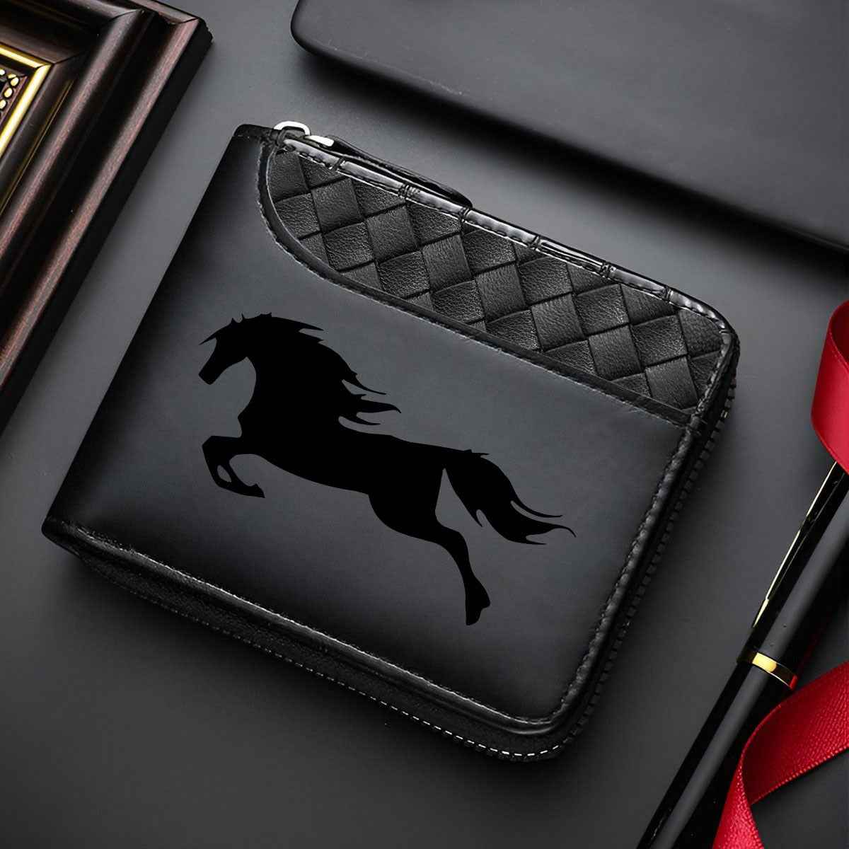 Men's Premium Wallet in Prestigious Black and White Horse-Hair Print - Black Crocodile-textured Synthetic Leather with Elegant Zipper Closure, Showcasing the Star-embossed Shield Emblem