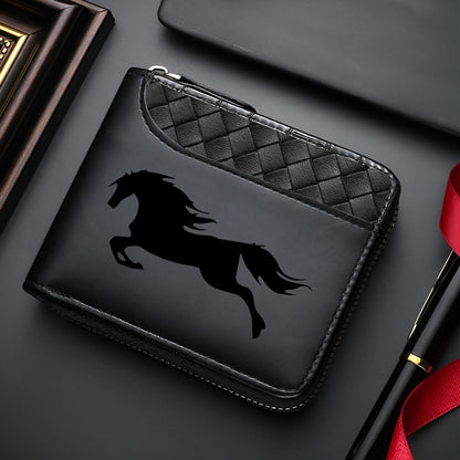 Men's Premium Wallet in Prestigious Black and White Horse-Hair Print - Black Crocodile-textured Synthetic Leather with Elegant Zipper Closure, Showcasing the Star-embossed Shield Emblem