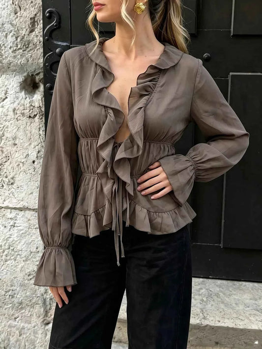 Ruffled V-Neck Long Sleeve Blouse