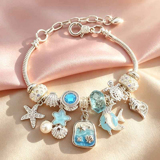 Silvery Tone Women's Adjustable Charm Bracelet, Snake Chain Bangle with Blue Beads, Starfish, Turtle, Fish And Shell Pendants