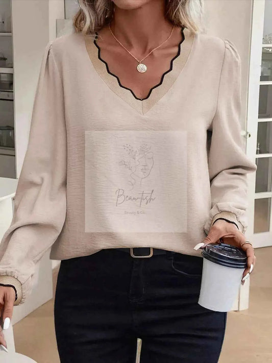 Contrast Scallop Trim V Neck Long Sleeve Blouse