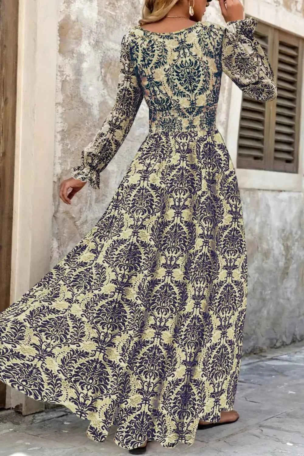 Printed V-Neck Long Sleeve Maxi Dress