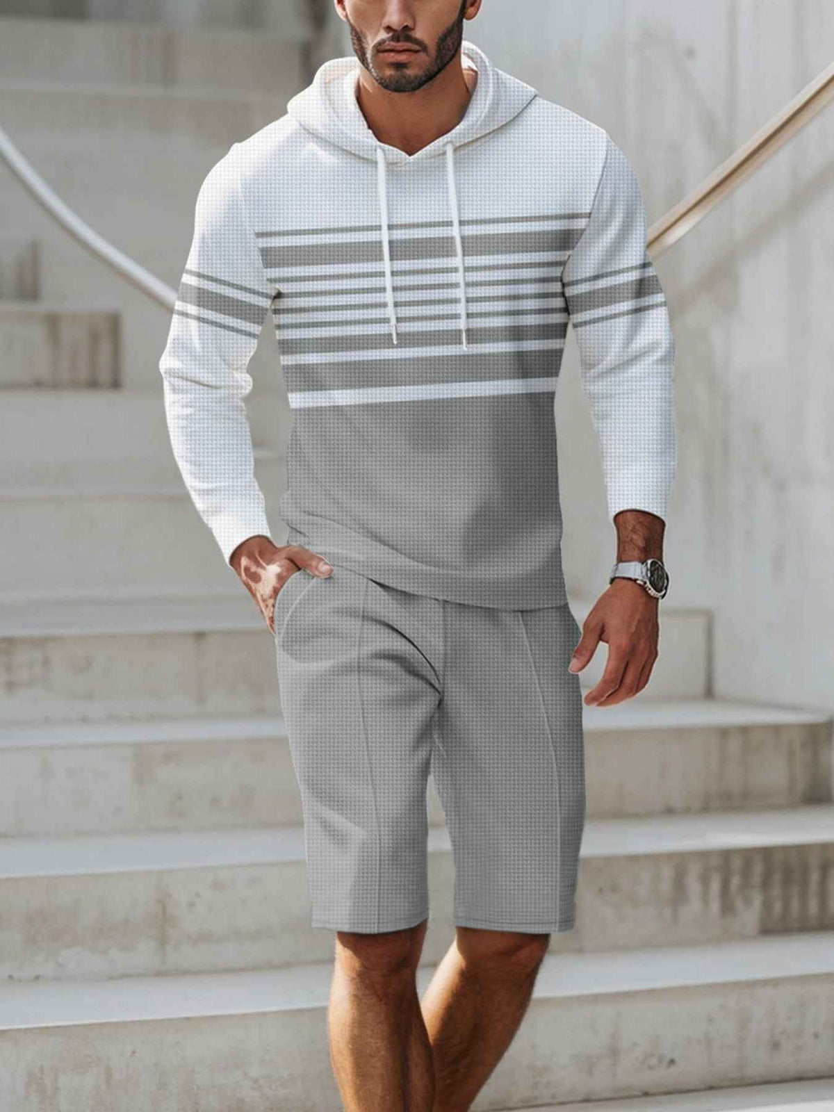 Men's Full Size Striped Hoodie & Shorts Casual Set Plus Size
