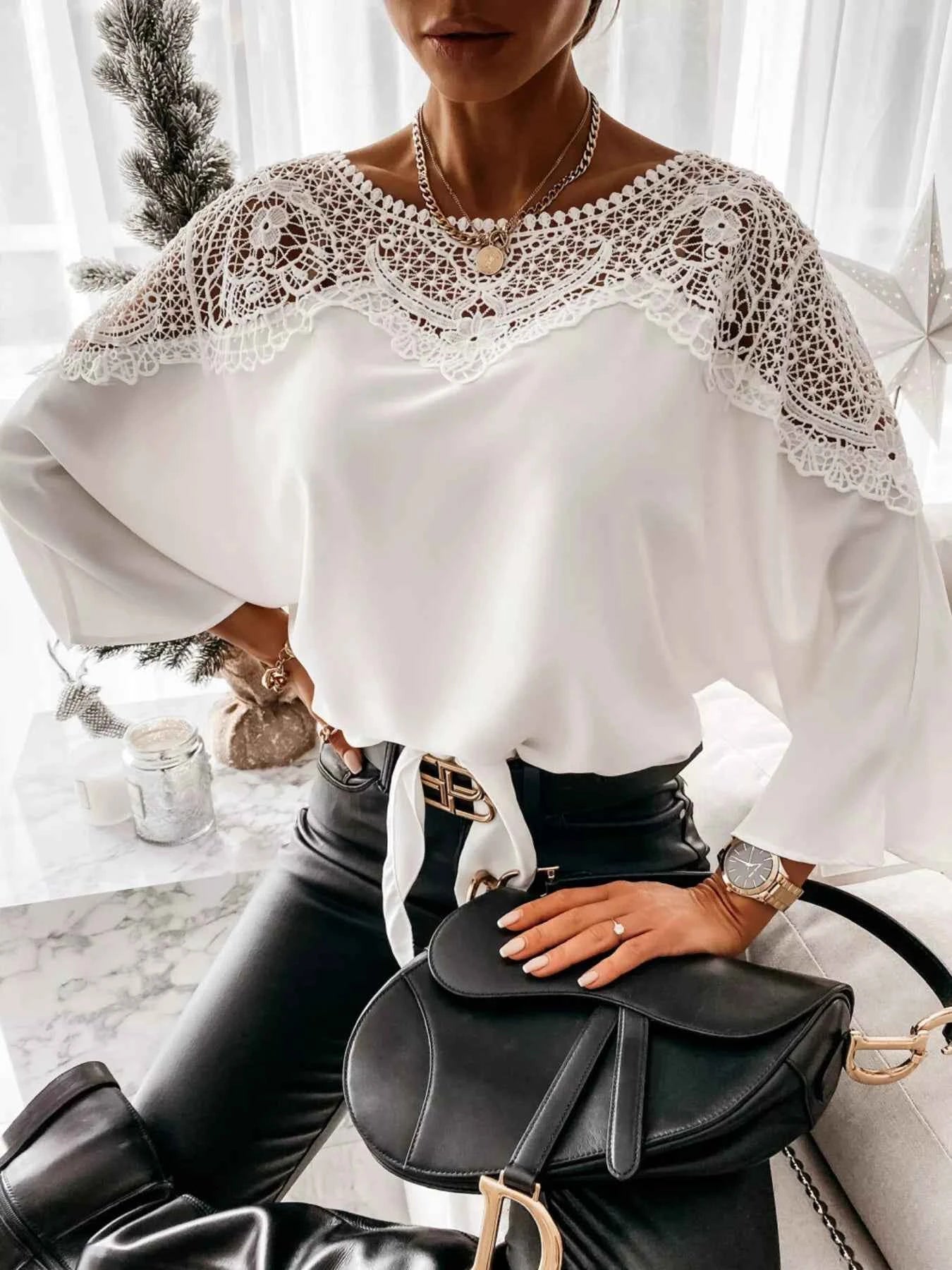Lace Trim Long Sleeve Blouse
