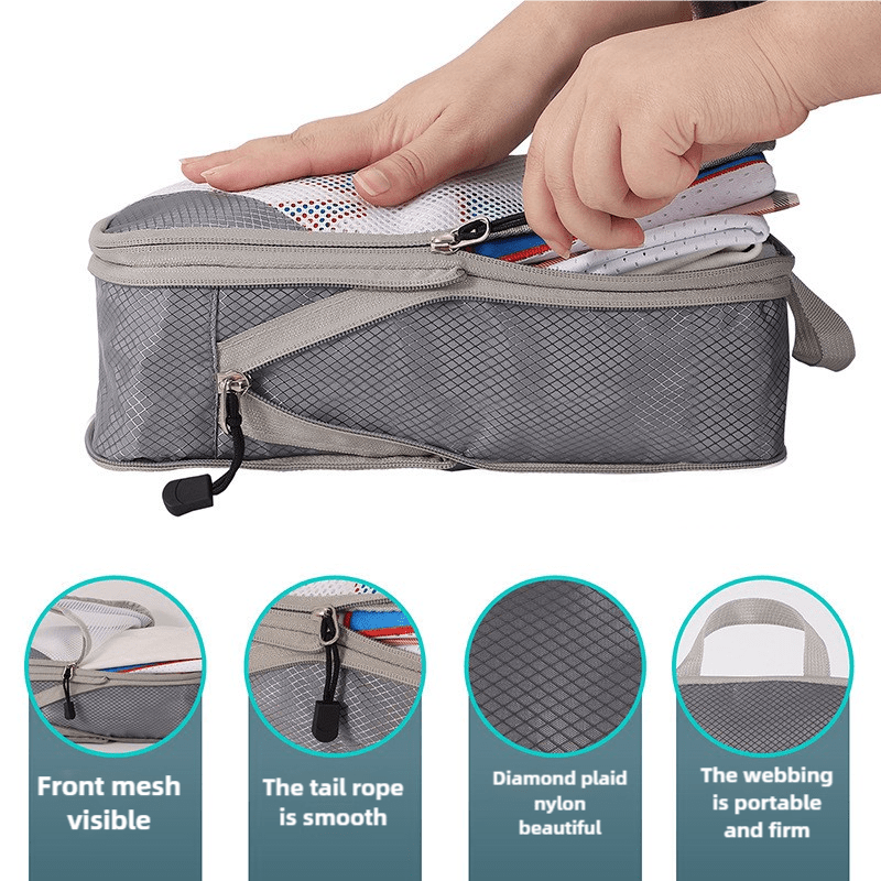4 - piece Set Beige Compression Travel Storage Bags Set, Mesh Travel Organizers
