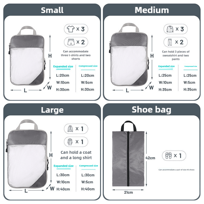 4 - piece Set Beige Compression Travel Storage Bags Set, Mesh Travel Organizers