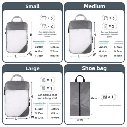 4 - piece Set Beige Compression Travel Storage Bags Set, Mesh Travel Organizers