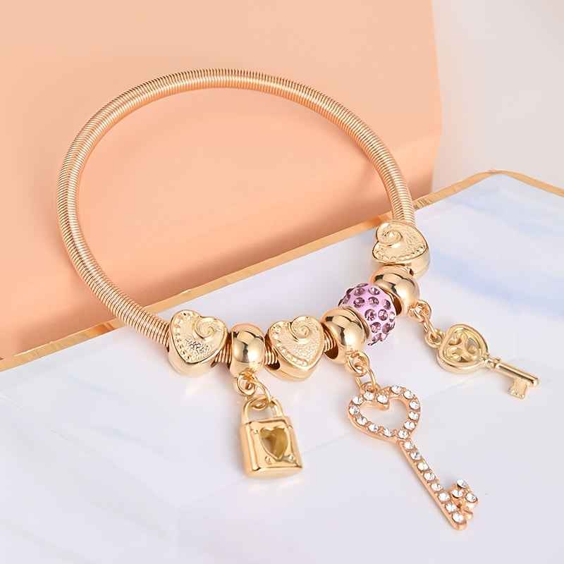 1pc Golden Alloy Heart Pendant Lock Bracelet