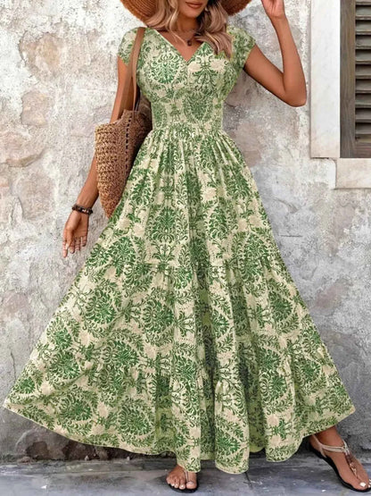 Full Size Printed V-Neck Tiered Maxi Dress Plus Size