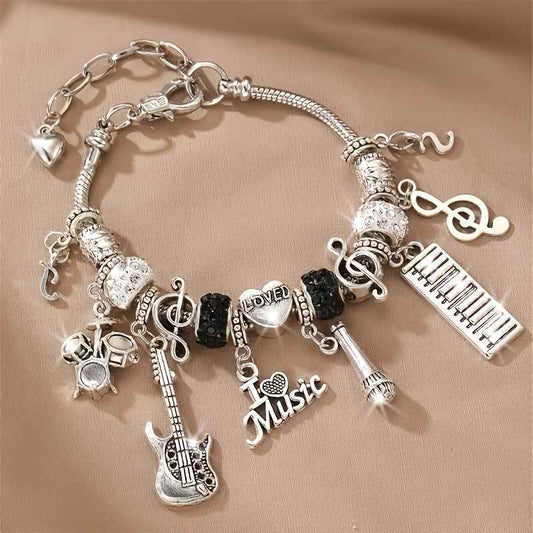 Music Theme Heart Bracelet - Women's Gift with Guitar, Microphone, Drum Set, and Piano Pendant LOVE Heart Charm Beads