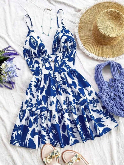 Floral Print V-Neck Tiered Mini Dress