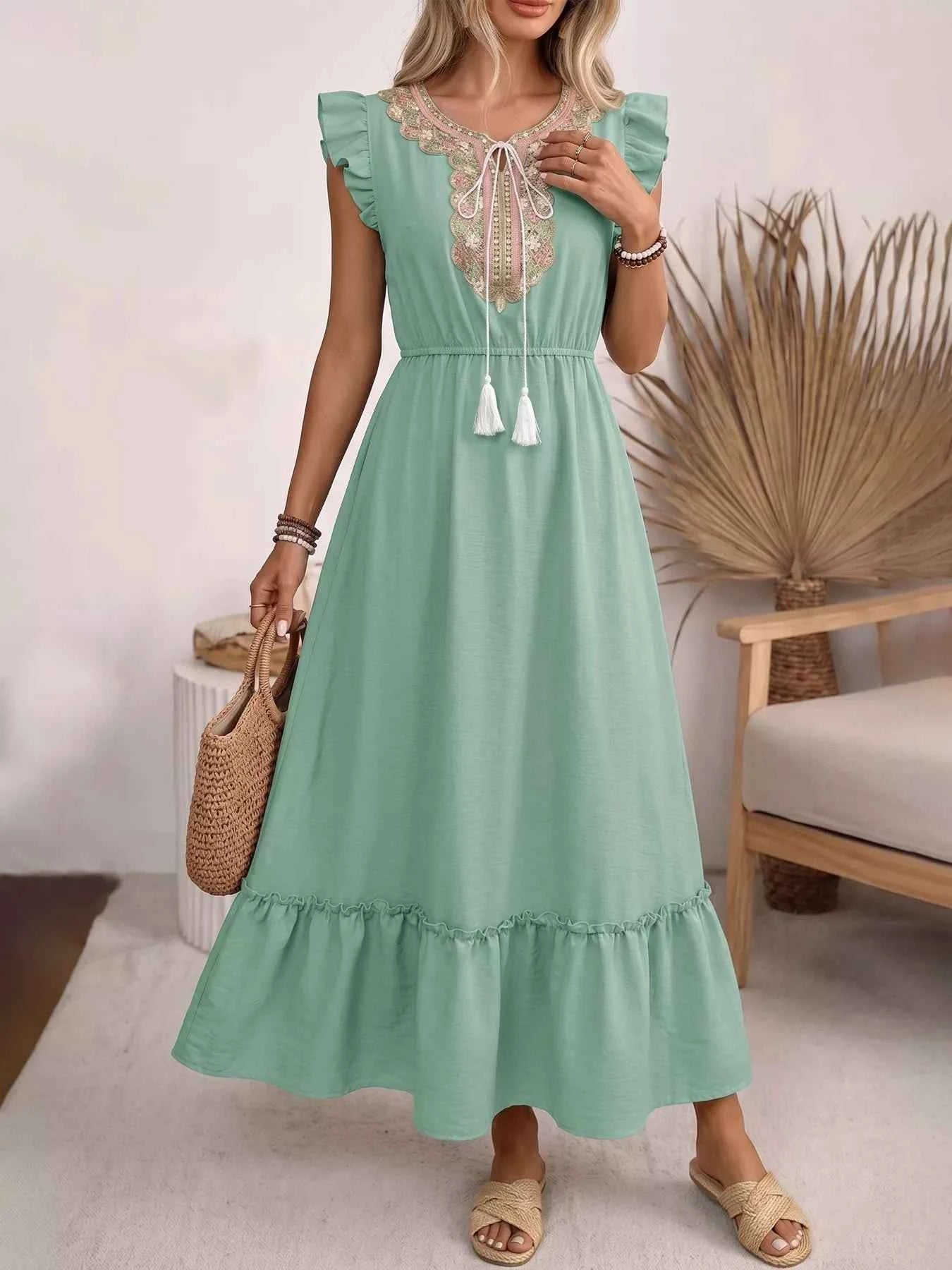 Tie Neck Ruffle Sleeve Maxi Dress