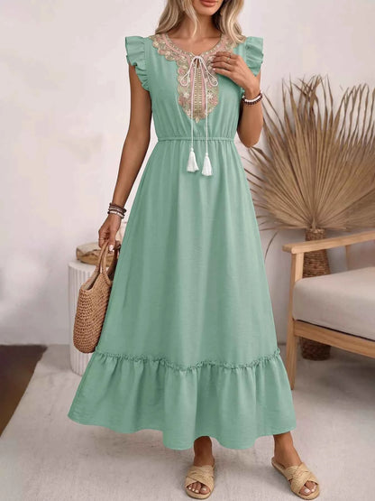Tie Neck Ruffle Sleeve Maxi Dress