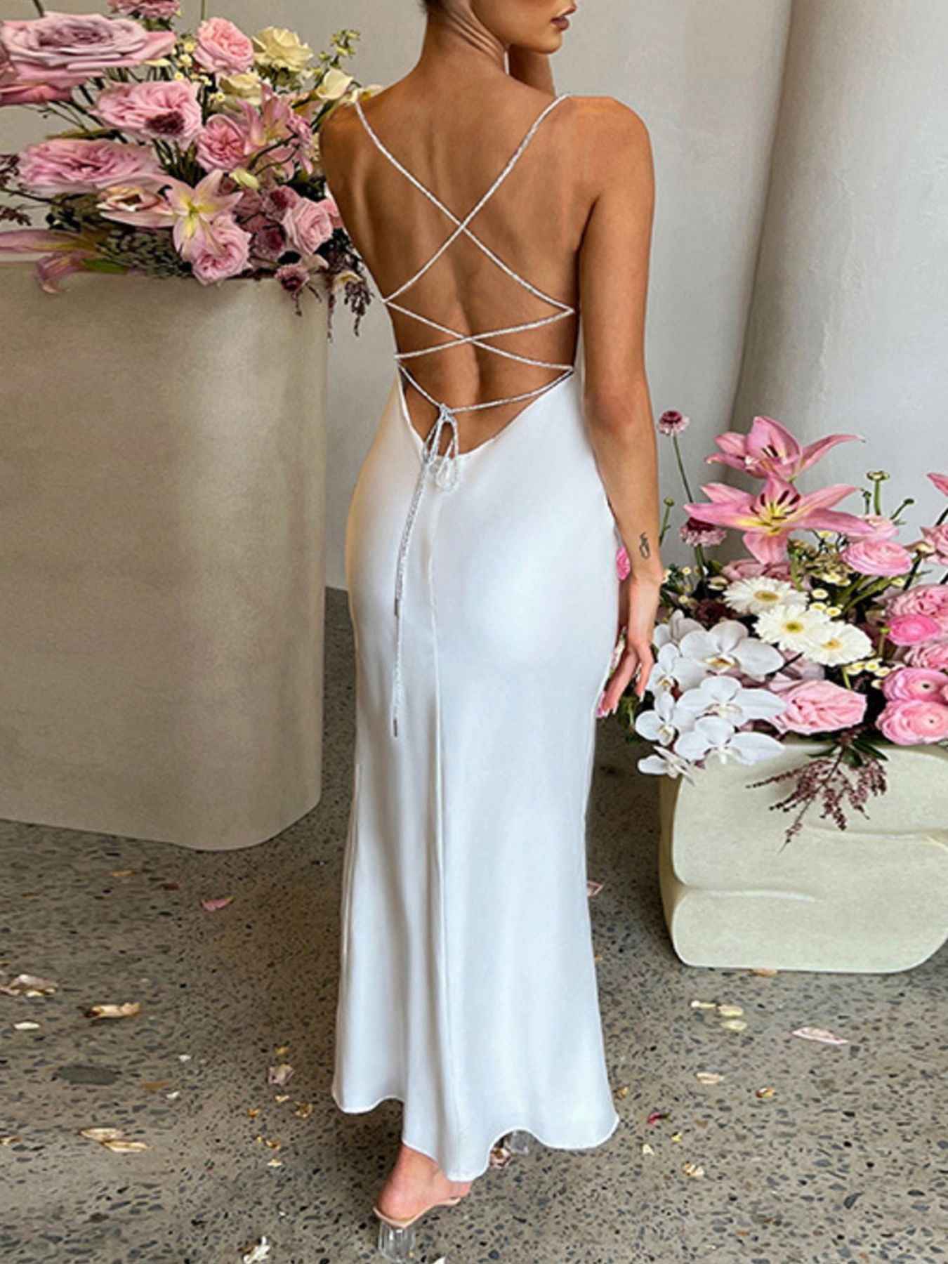 Slinky Satin Cowl Neck High Slit Dress with Back Lace Up