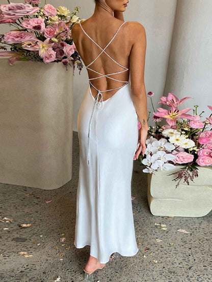 Slinky Satin Cowl Neck High Slit Dress with Back Lace Up