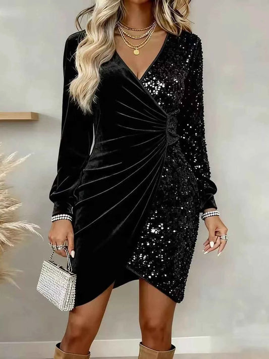 Velvet Sequin Long Sleeve Wrap Dress