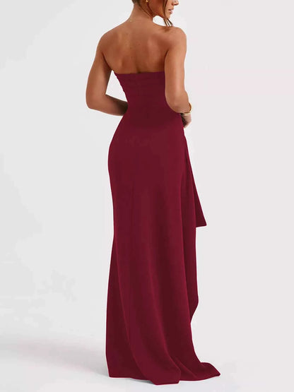 Strapless Ruched High Slit Maxi Dress