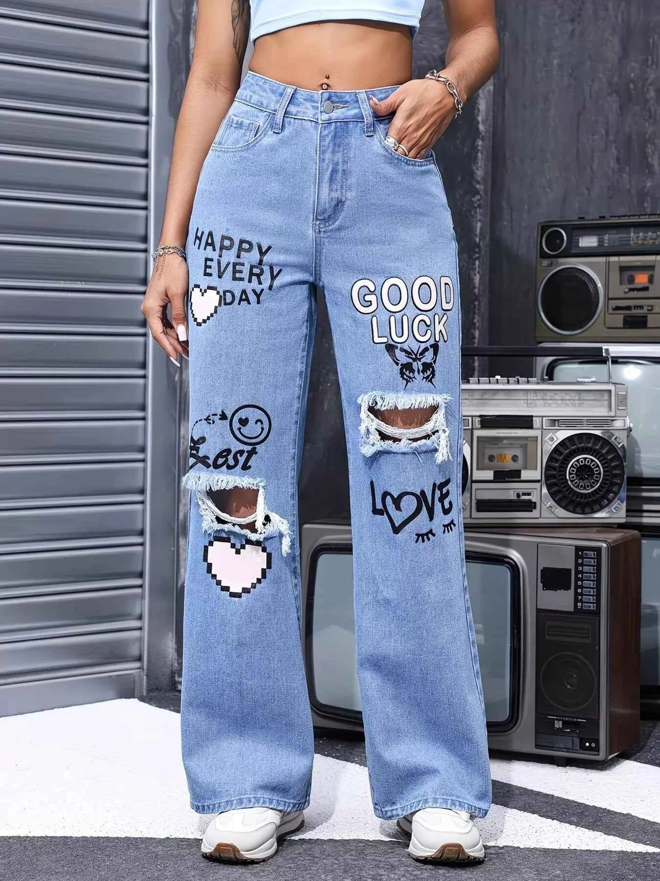 Distressed Printed Wide Leg Jeans