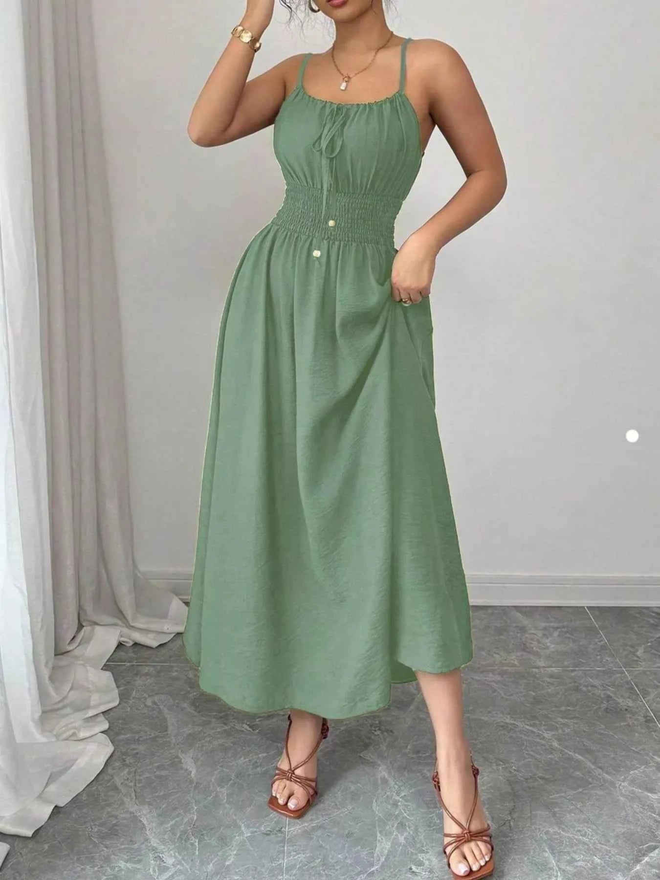 Smocked Spaghetti Strap Midi Dress